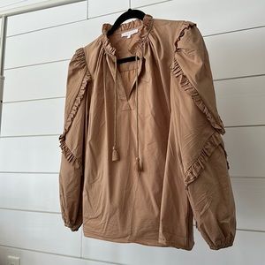 Olivaceous Medium, Tan, long sleeve, ruffle, fashion blouse